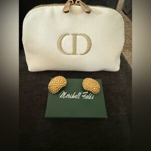 Vintage Christian Dior authentic gold tone clip earrings with CD makeup bag NWT